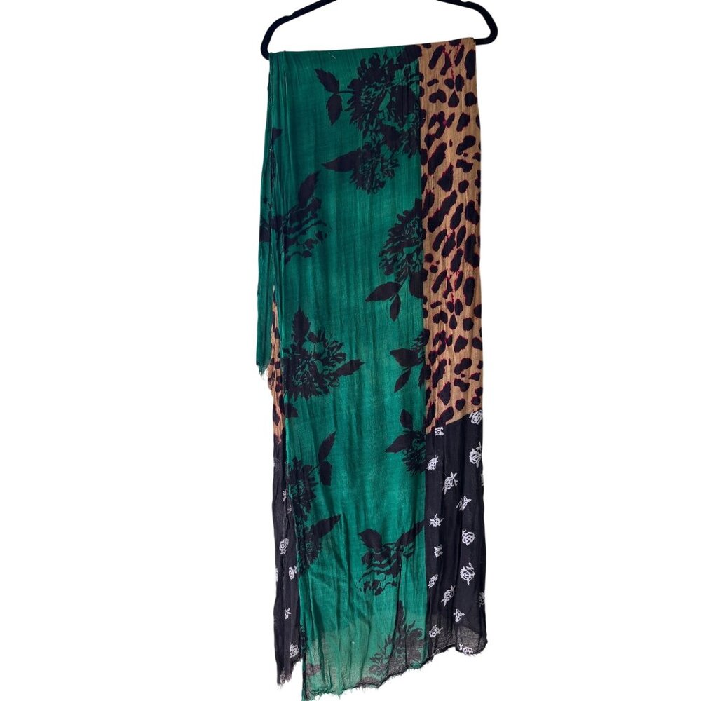 Zara Accessories Green Black Leopard Floral Mix Media Print Scarf Wrap - Picture 5 of 6
